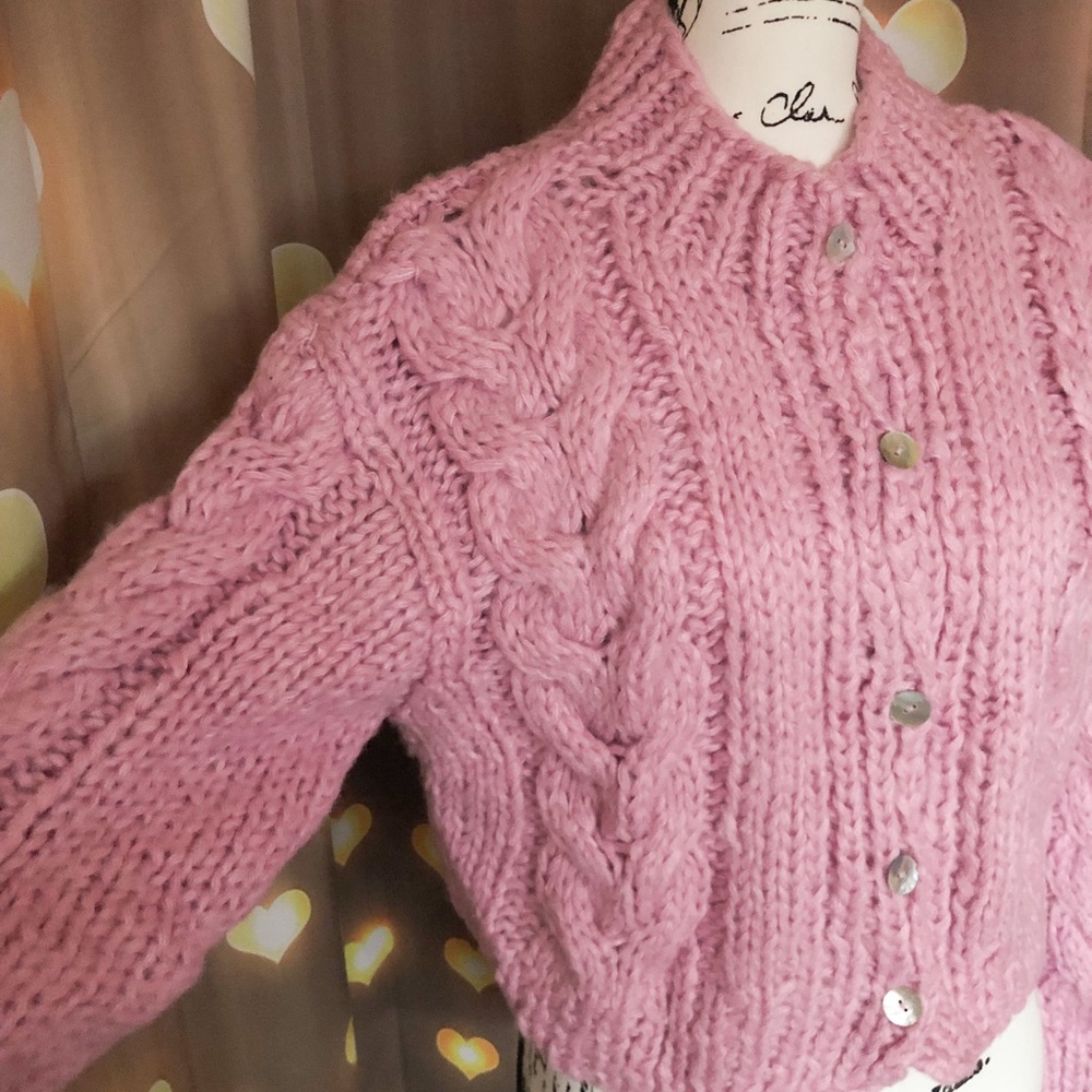 Cable knit sweater cardigan white cream womens twist button purple lilac - Picture 3 of 16